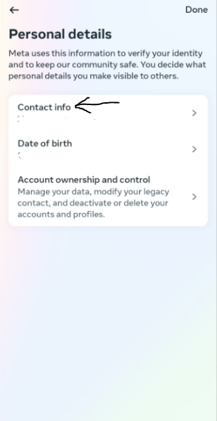 Contact info on meta account center