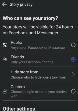 In the tab “Who can see your story” it is set to be Friends. Select the Custom option