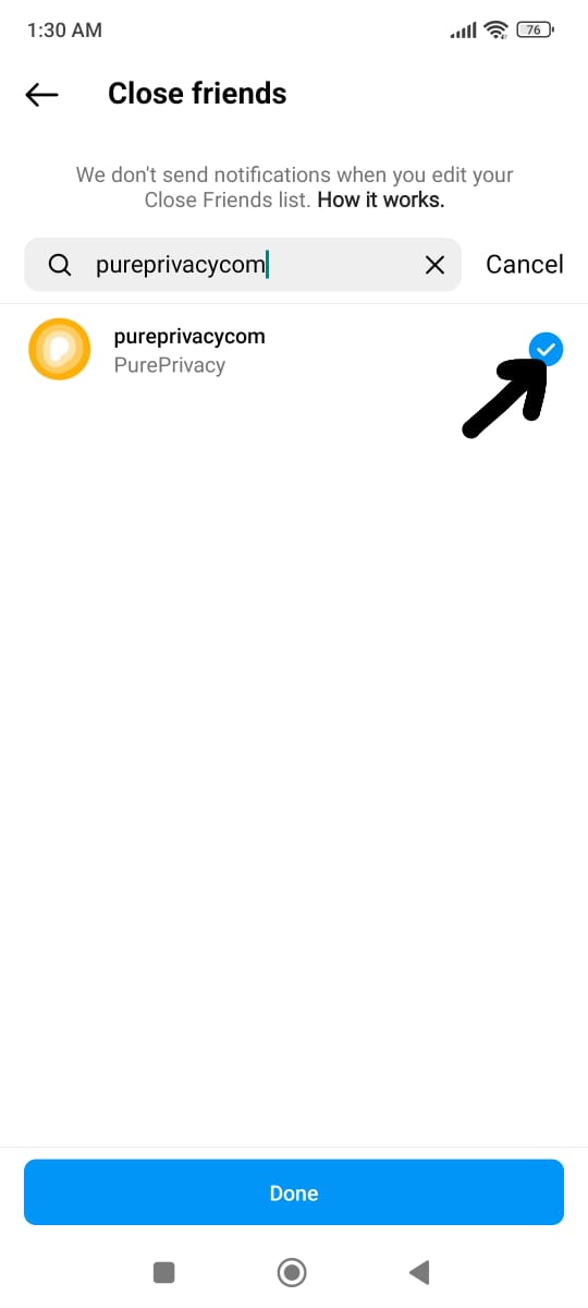 To add an account to your list of close friends, tap the circle next to it.