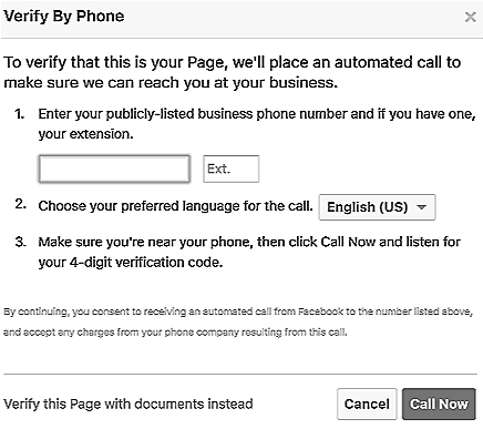 Verifying your page through a phone call option.