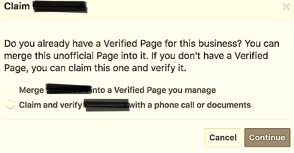 Claim or merge with a verified page and continue.