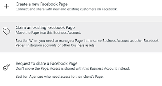 The image shows the option to claim an existing Facebook page.