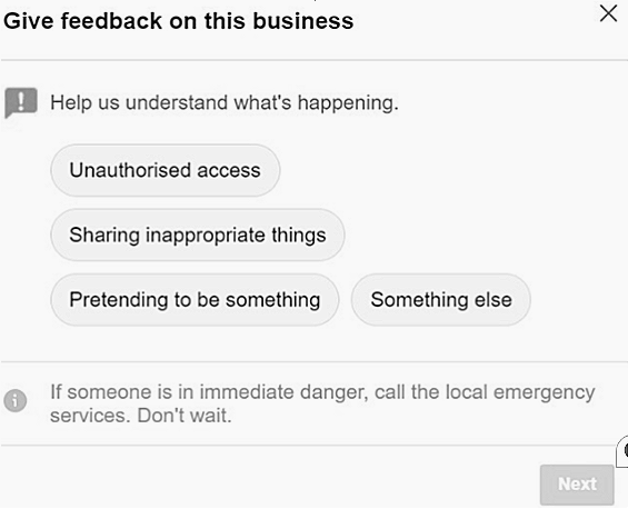 Choose your option to give feedback to Facebook about the ownership.