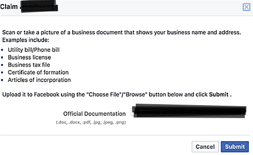 Claiming the authority to Facebook page.