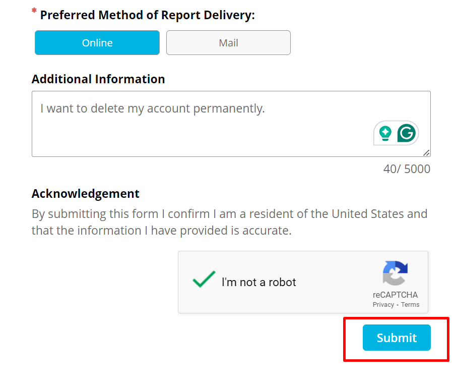 Then on the bottom verify through the captcha and click the Submit button