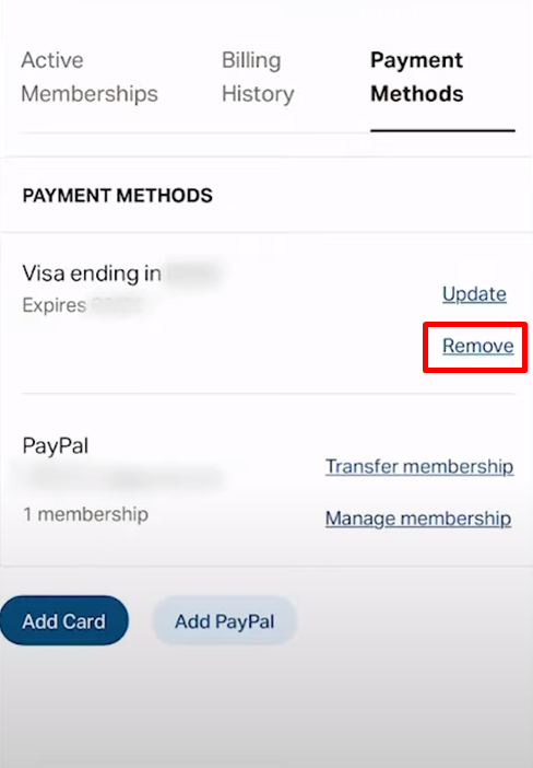 click on the Remove button using the previous payment method