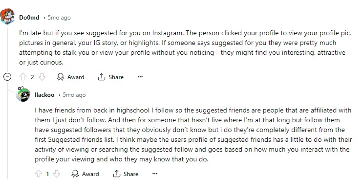Reddit thread about insta discover section