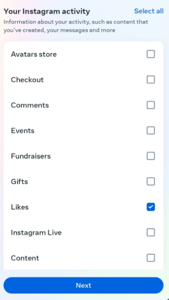Select 'Likes' by checking the box in front of it and then click 'Next'
