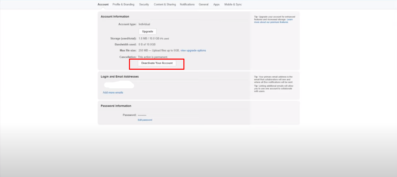 click on the Deactivate Your Account button