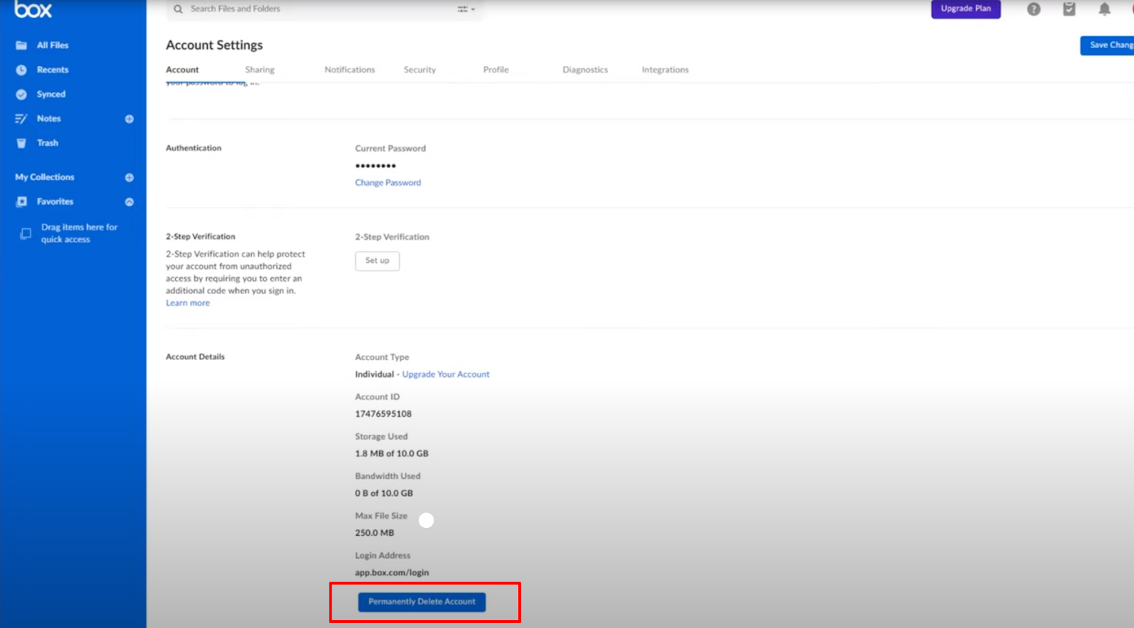 Permanently Delete Account button