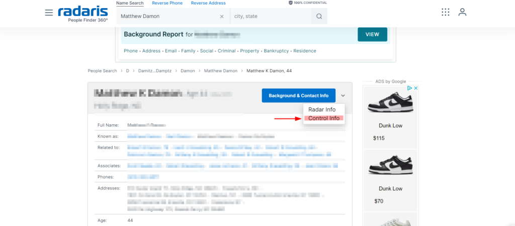 Control info of radaris listing