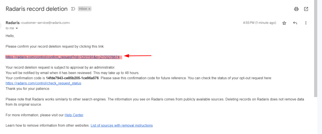 Email confirmation from radaris for opt out