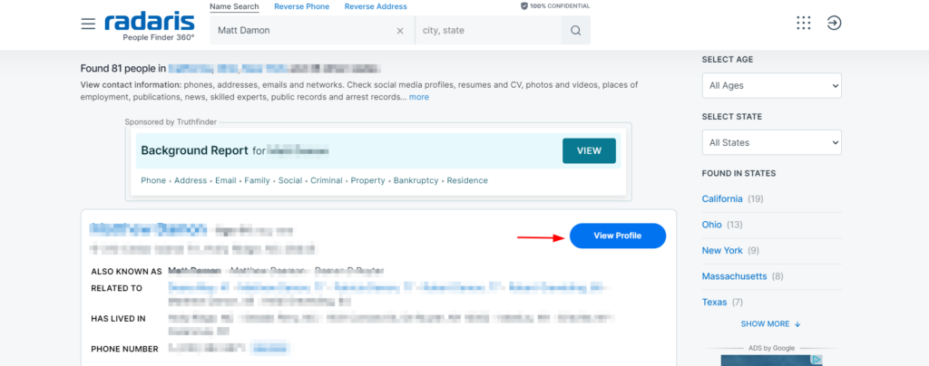 Info lookup on radaris