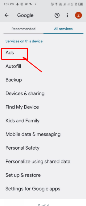 Select the Ads settings