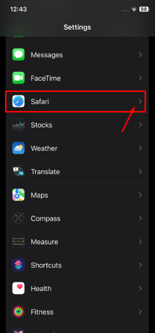 Scroll down, tap Safari