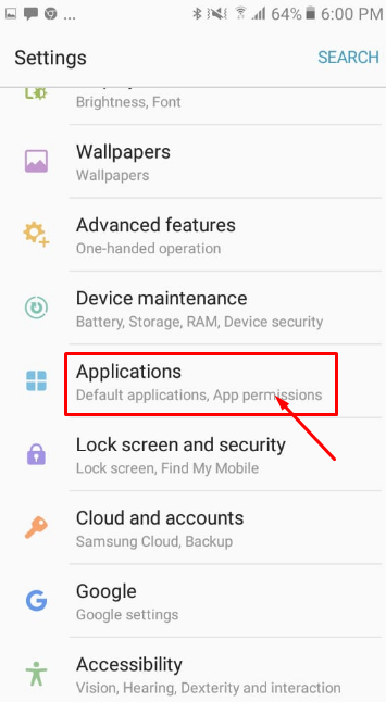 Scroll down and tap on Applications