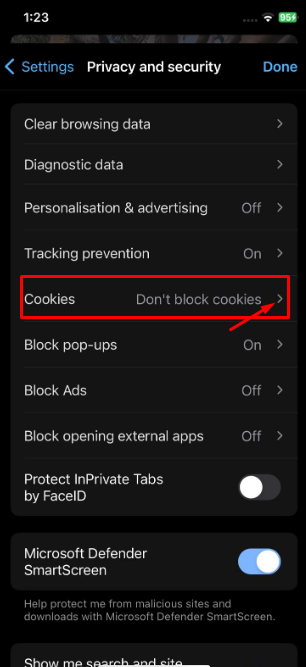 Cookies section