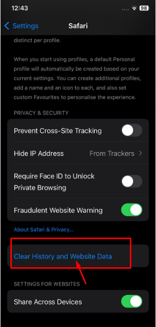 select Clear History and Website Data