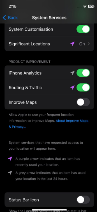 Examine the list of services that use location data 