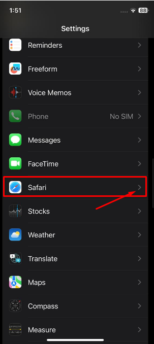Scroll down and tap on Safari