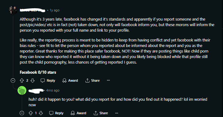 reddit thread about facebook report feature