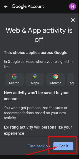 web and app activity is off